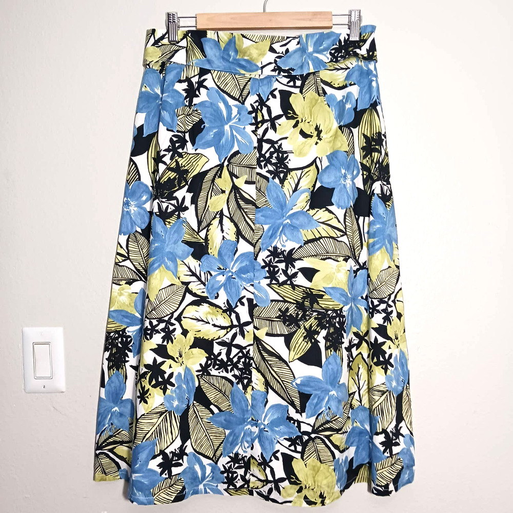 Emma & James Casual Summer Floral Blue Green Black 100% Cotton Size 6 Midi Skirt